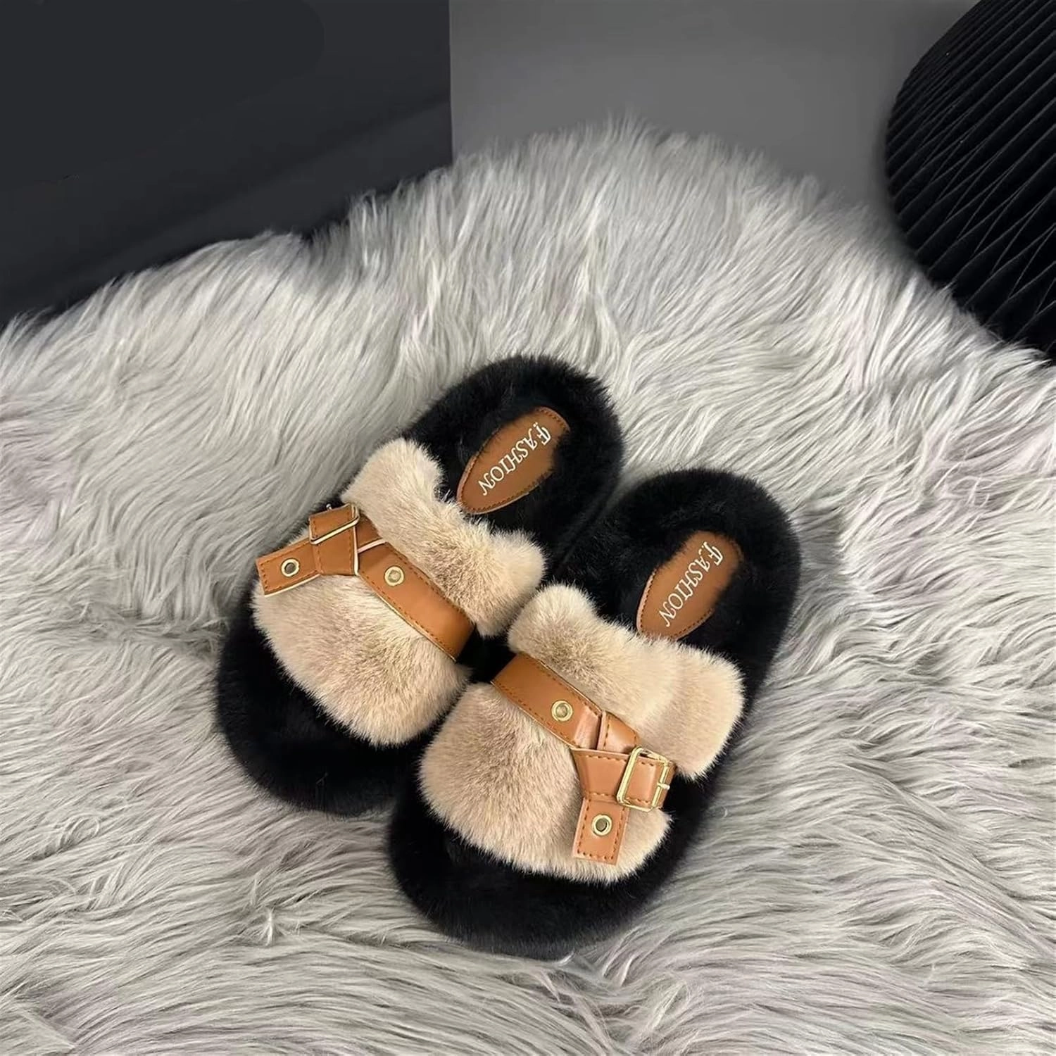 Womens Slippers Color-Blocked Furry Slippers Softsoled Plush Slippers Fashionable Home Slippers Winter Plush Slippers Slippers for Women(C,7.5-8)