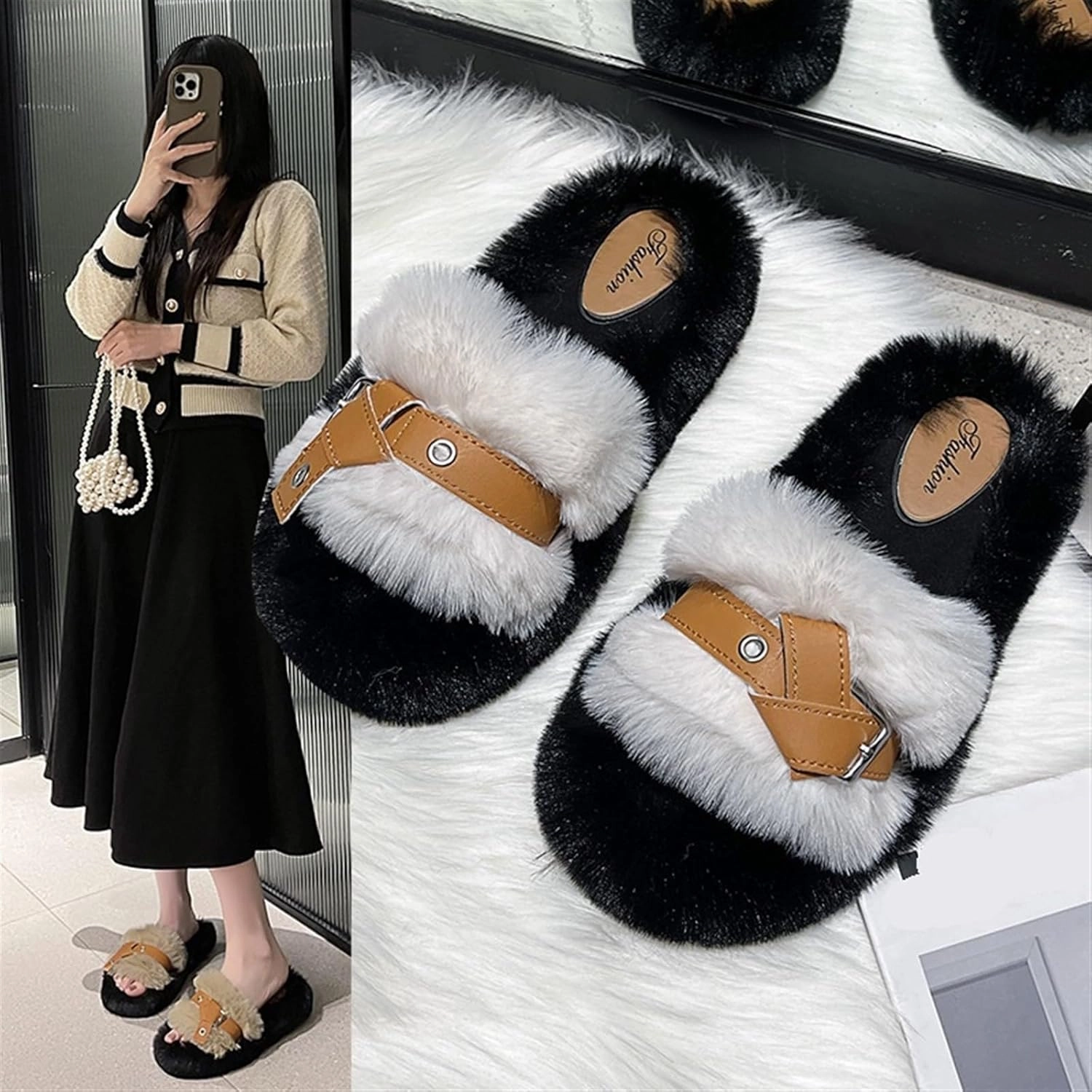 Womens Slippers Color-Blocked Furry Slippers Softsoled Plush Slippers Fashionable Home Slippers Winter Plush Slippers Slippers for Women(C,7.5-8)