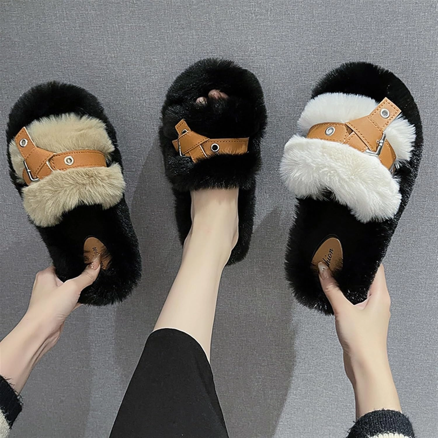 Womens Slippers Color-Blocked Furry Slippers Softsoled Plush Slippers Fashionable Home Slippers Winter Plush Slippers Slippers for Women(C,7.5-8)