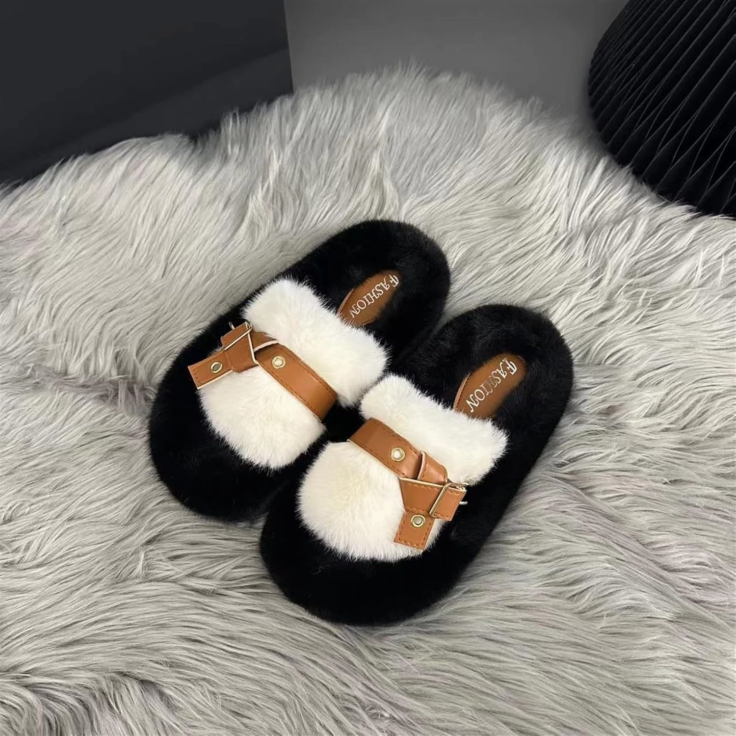 Womens Slippers Color-Blocked Furry Slippers Softsoled Plush Slippers Fashionable Home Slippers Winter Plush Slippers Slippers for Women(C,7.5-8)