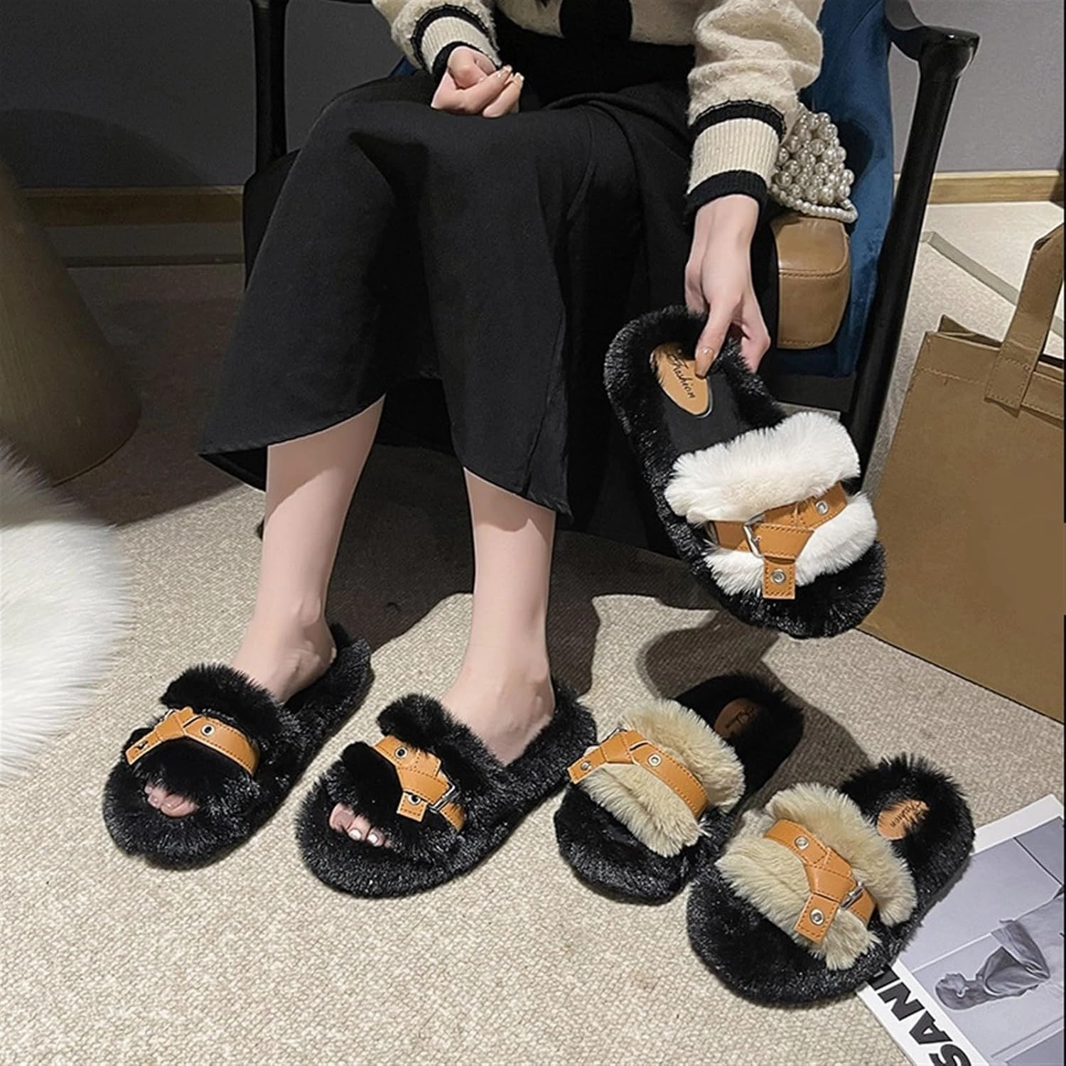 Womens Slippers Color-Blocked Furry Slippers Softsoled Plush Slippers Fashionable Home Slippers Winter Plush Slippers Slippers for Women(C,7.5-8)