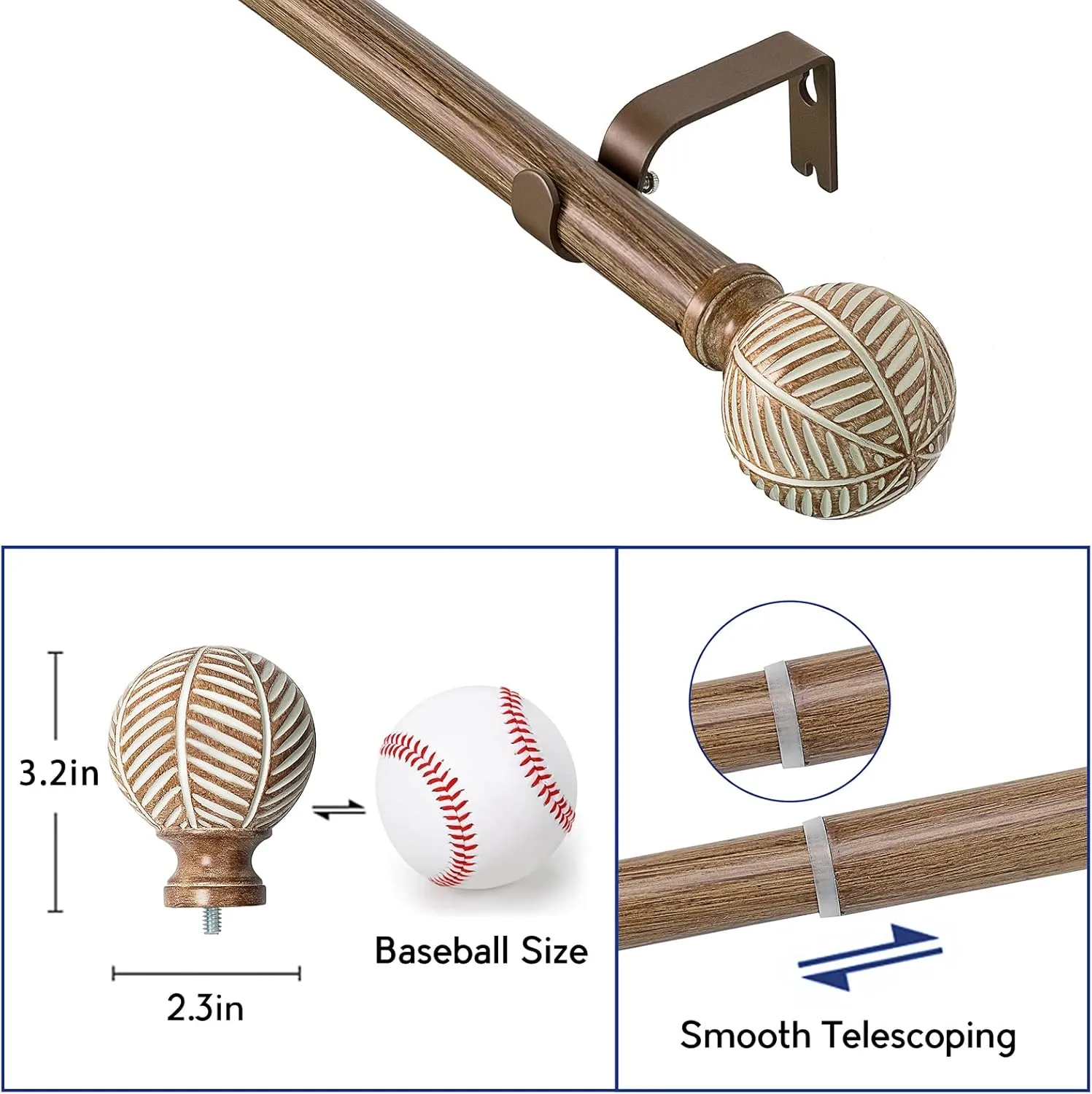 Wood Curtain Rods for Windows: 1 Inch Diameter Adjustable Drapery Rods 48" to 86", Decorative Window Curtain Rods with Imitation Wood Grain Leaf Pattern Finials,Heavy Duty Single Curtain Rods for