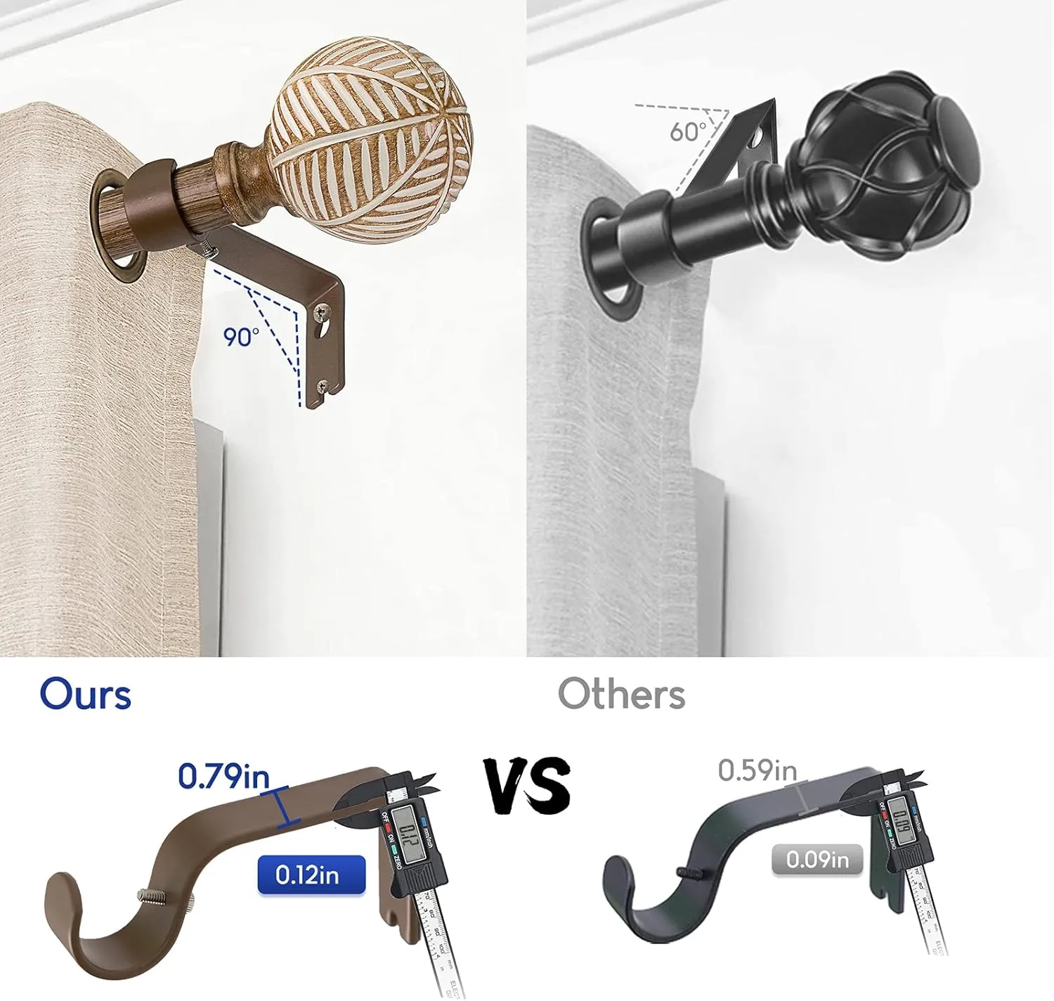 Wood Curtain Rods for Windows: 1 Inch Diameter Adjustable Drapery Rods 48" to 86", Decorative Window Curtain Rods with Imitation Wood Grain Leaf Pattern Finials,Heavy Duty Single Curtain Rods for