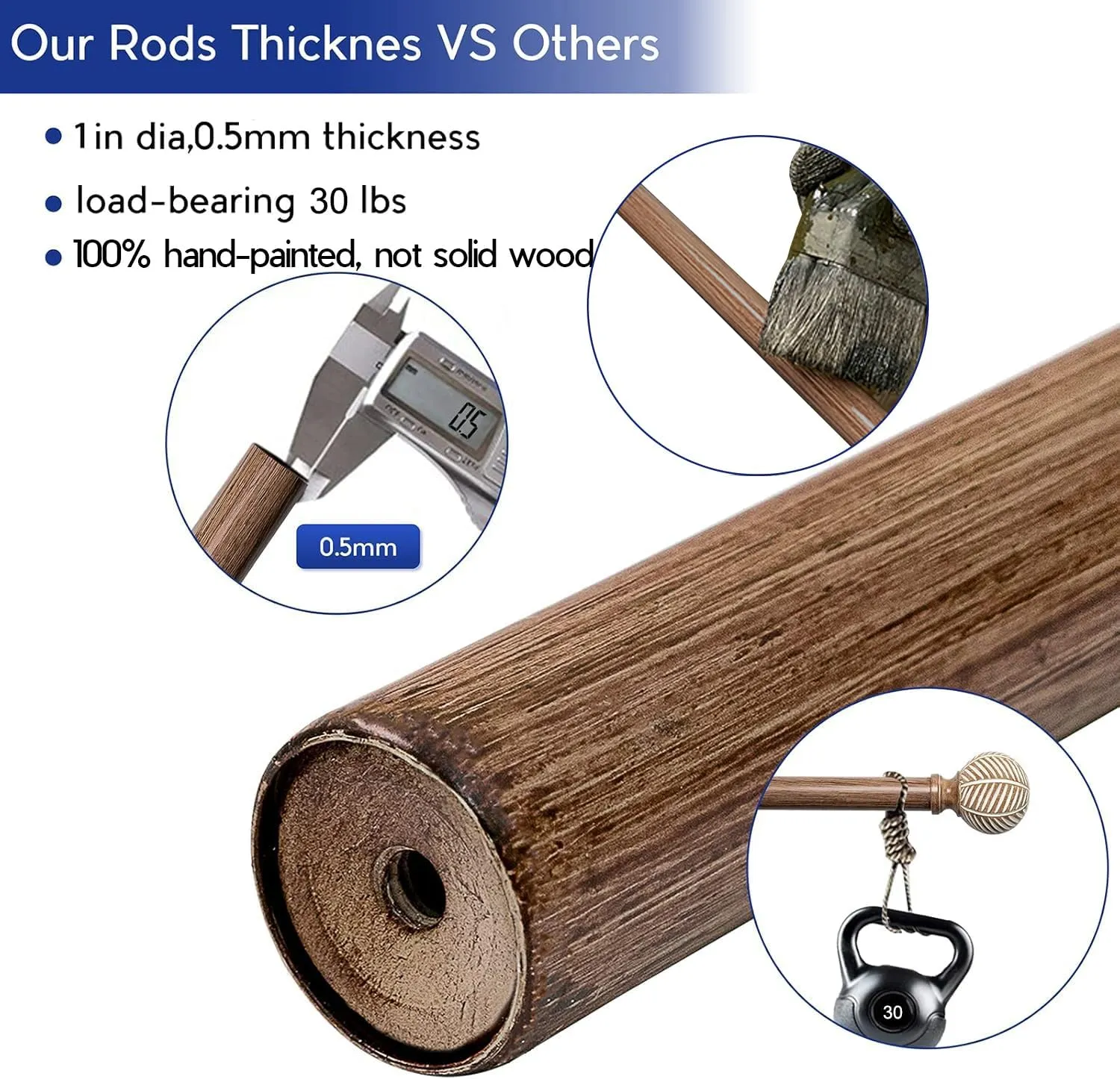 Wood Curtain Rods for Windows: 1 Inch Diameter Adjustable Drapery Rods 48" to 86", Decorative Window Curtain Rods with Imitation Wood Grain Leaf Pattern Finials,Heavy Duty Single Curtain Rods for