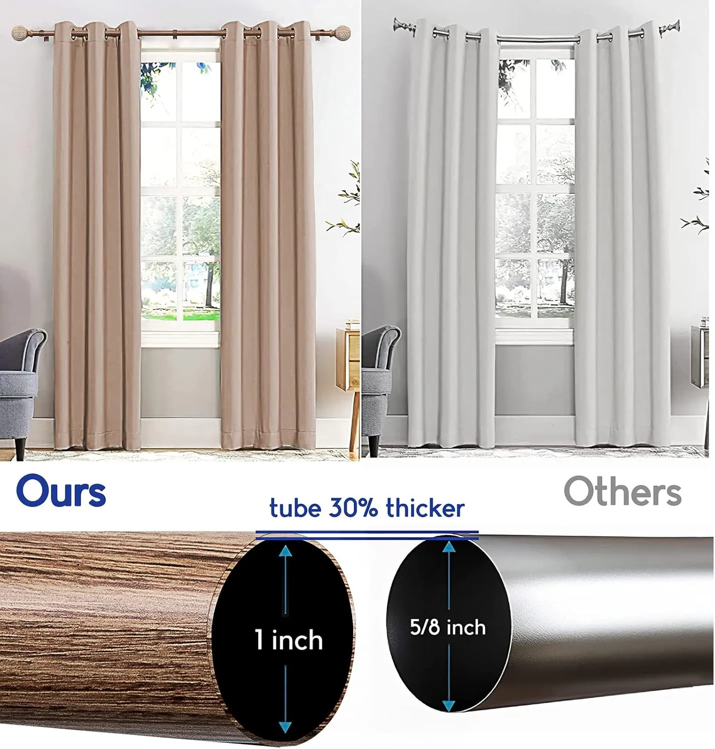 Wood Curtain Rods for Windows: 1 Inch Diameter Adjustable Drapery Rods 48" to 86", Decorative Window Curtain Rods with Imitation Wood Grain Leaf Pattern Finials,Heavy Duty Single Curtain Rods for