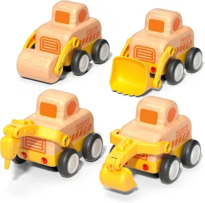 Wooden Construction Truck Toys Set, Toddler Friction Powered Car - Excavator, Bulldozer, Road Roller, Drill Rig, Push and Go Vehicle, Christmas Birthday Gift for 18m  2 3 Years Old Kids, Boys and Girl