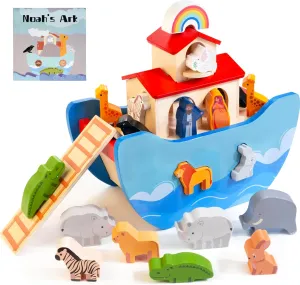 Wooden Noah's Ark Toy Animal Play Set, Bible Story Toys Baptism Gift for Boys and Girls, Baby Shape Sorter Toy, Comply with 2025 New ASTM F963-23