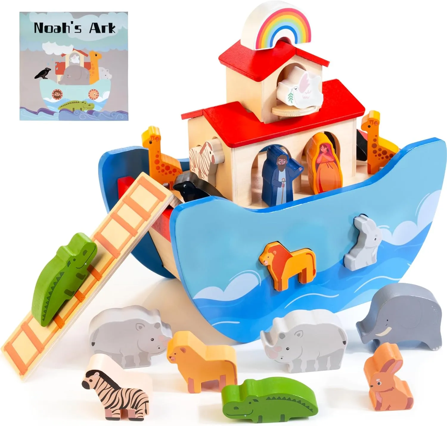 Wooden Noah's Ark Toy Animal Play Set, Bible Story Toys Baptism Gift for Boys and Girls, Baby Shape Sorter Toy, Comply with 2025 New ASTM F963-23