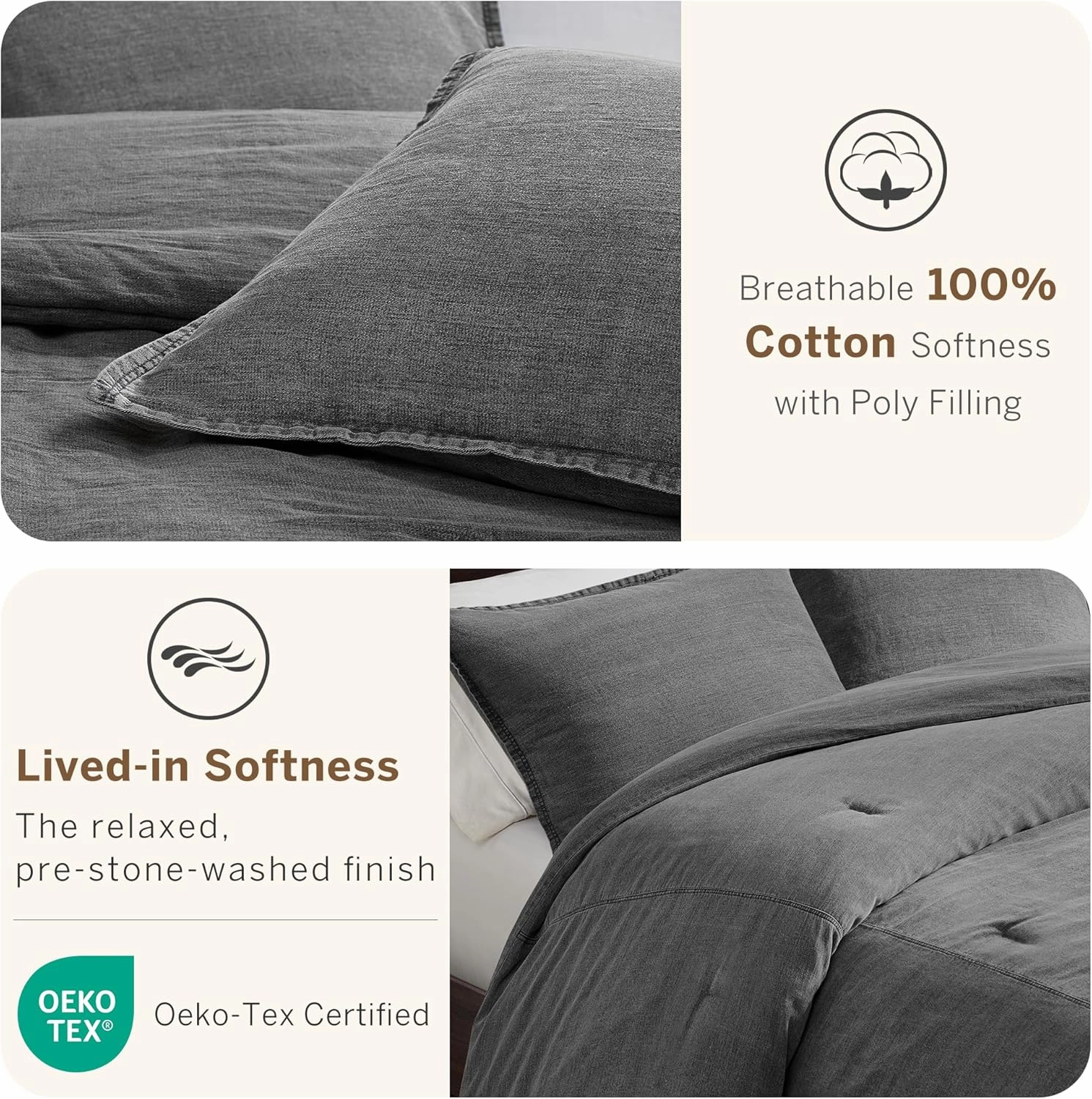 Woolrich King Comforter Set Cotton Stone Washed, Oversized Comforters King Size Bed, All Season Down Alternative Overfilled King Size Comforter, McKenzie, King/Cal King Grey 3 Piece