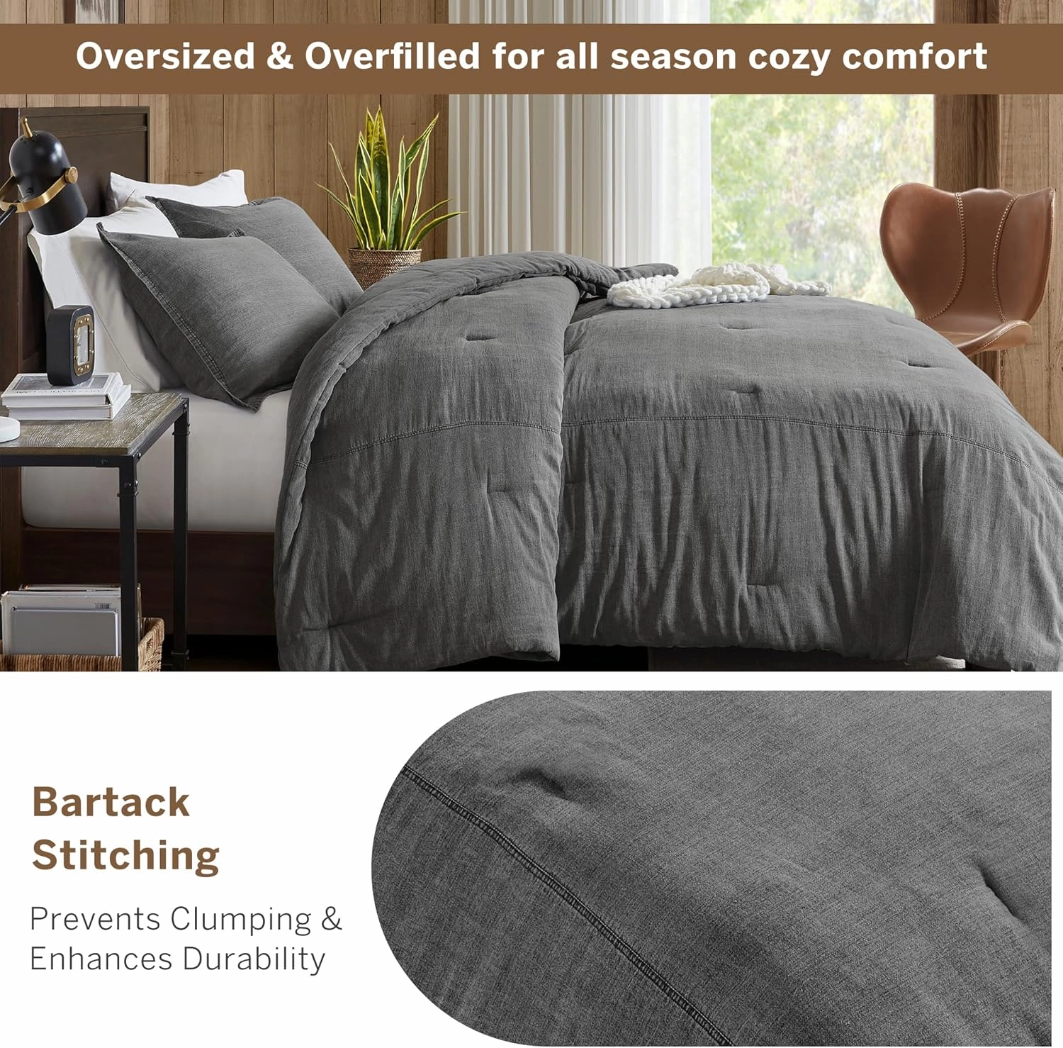 Woolrich King Comforter Set Cotton Stone Washed, Oversized Comforters King Size Bed, All Season Down Alternative Overfilled King Size Comforter, McKenzie, King/Cal King Grey 3 Piece