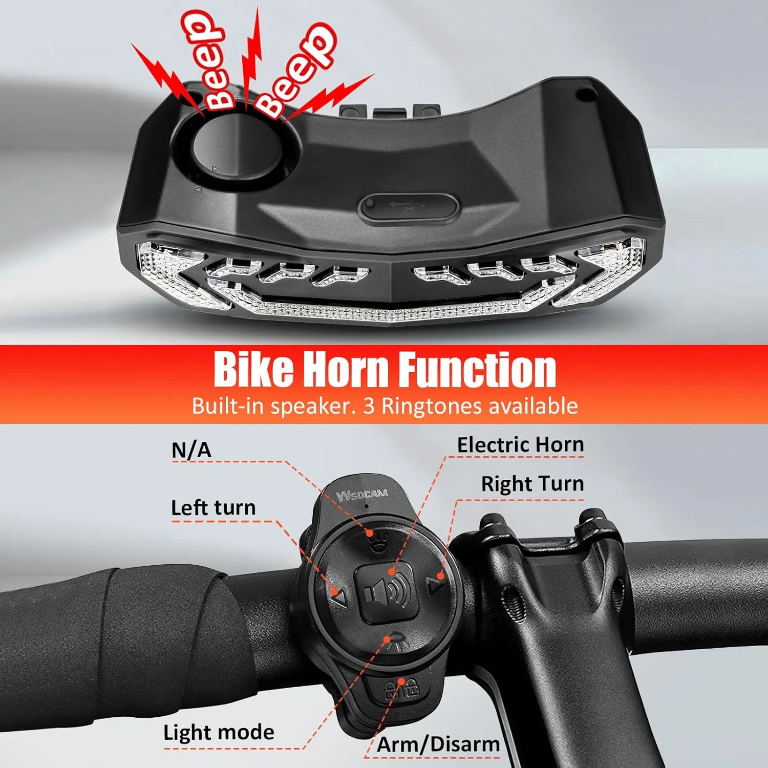 WSDCAM Bike Cargo Rack Tail Light with Turn Signals and Brake Light, Wireless Bike Horn Alarm, Auto On/Off USB C Rechargeable Bicycle Tail Light Rear Rack Bike Light Turn Signal Lights for Road Safety