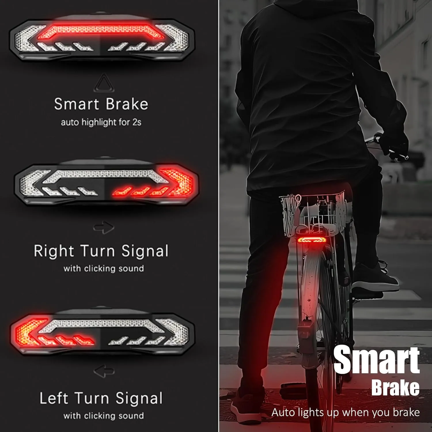 WSDCAM Bike Cargo Rack Tail Light with Turn Signals and Brake Light, Wireless Bike Horn Alarm, Auto On/Off USB C Rechargeable Bicycle Tail Light Rear Rack Bike Light Turn Signal Lights for Road Safety