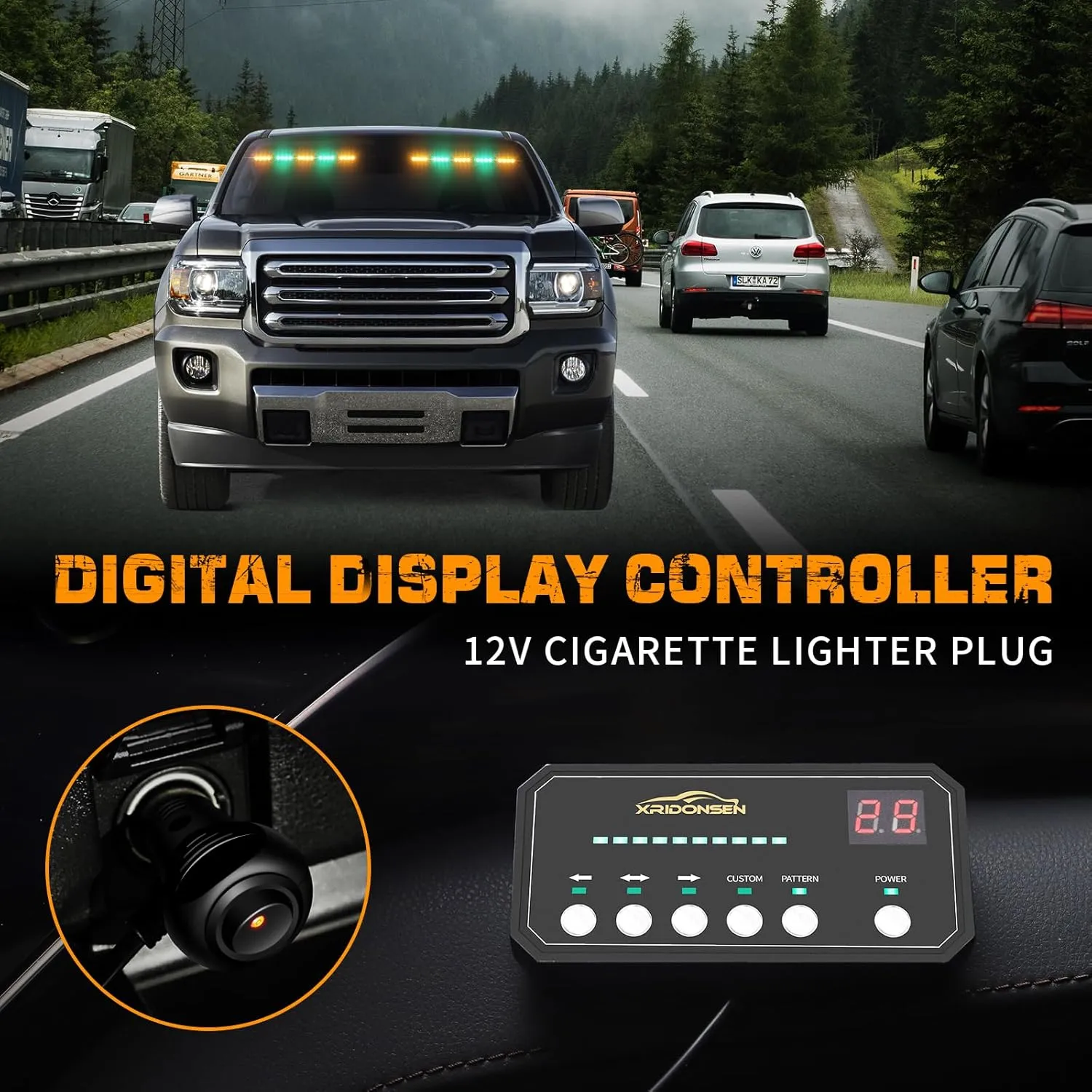 XRIDONSEN 2x 17 inch Amber Green Emergency Dash Strobe Lights for Trucks Interior Front/Rear Windshield Lights 40 LED Safety Flashing Warning Hazard w/Controller for Construction Vehicles SUV Car