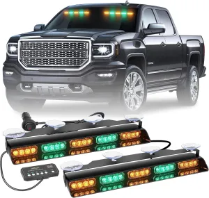 XRIDONSEN 2x 17 inch Amber Green Emergency Dash Strobe Lights for Trucks Interior Front/Rear Windshield Lights 40 LED Safety Flashing Warning Hazard w/Controller for Construction Vehicles SUV Car