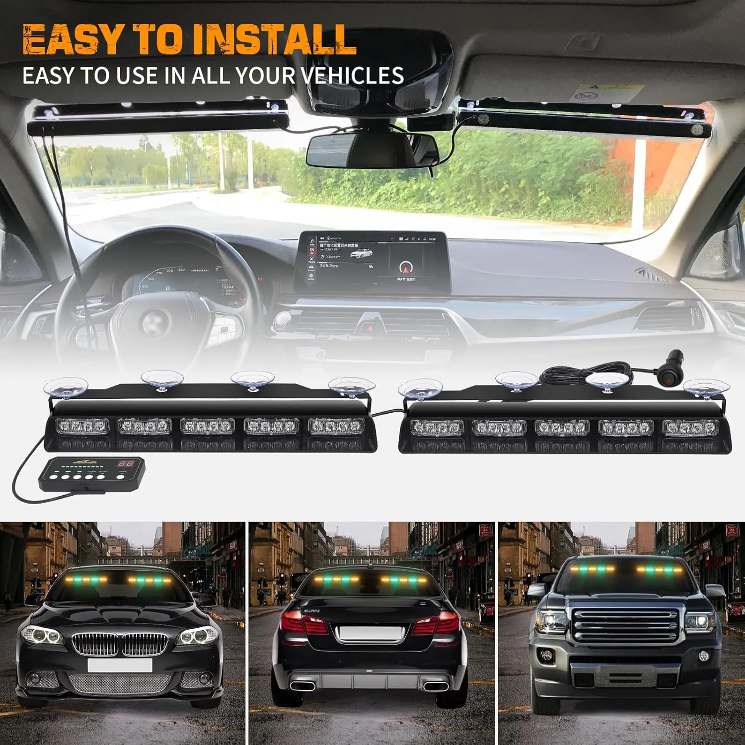 XRIDONSEN 2x 17 inch Amber Green Emergency Dash Strobe Lights for Trucks Interior Front/Rear Windshield Lights 40 LED Safety Flashing Warning Hazard w/Controller for Construction Vehicles SUV Car