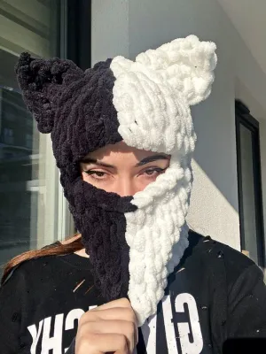 Y2k Knit Balaclava Face Mask for Women Men Bunny Ear Horn Ski Scarf Winter Warm Hat Knit Skull Beanie for Halloween