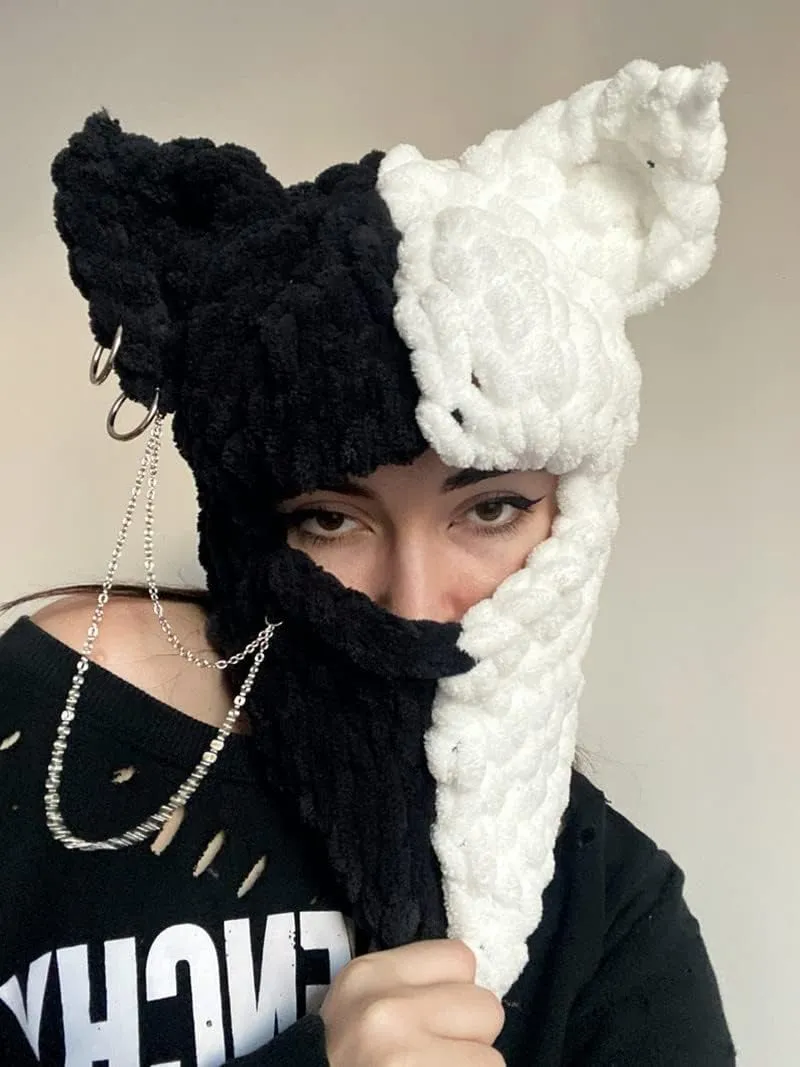 Y2k Knit Balaclava Face Mask for Women Men Bunny Ear Horn Ski Scarf Winter Warm Hat Knit Skull Beanie for Halloween