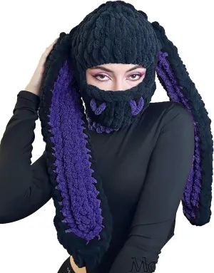Y2k Knit Balaclava Face Mask for Women Men Bunny Ear Horn Ski Scarf Winter Warm Hat Knit Skull Beanie for Halloween