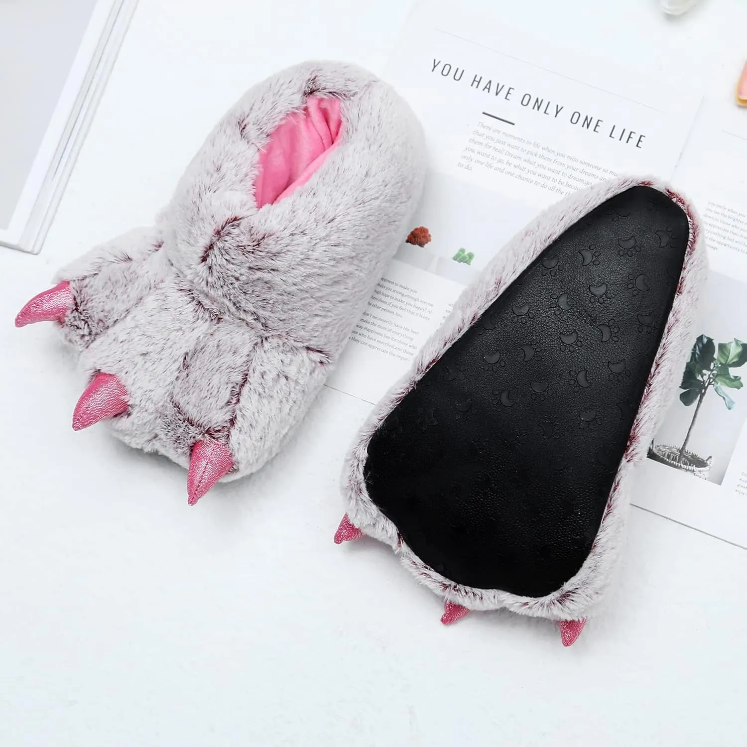 YESBOR Women's Plush Monster Feet House Slippers Halloween Furry Animal Costume Paw Claw Shoes