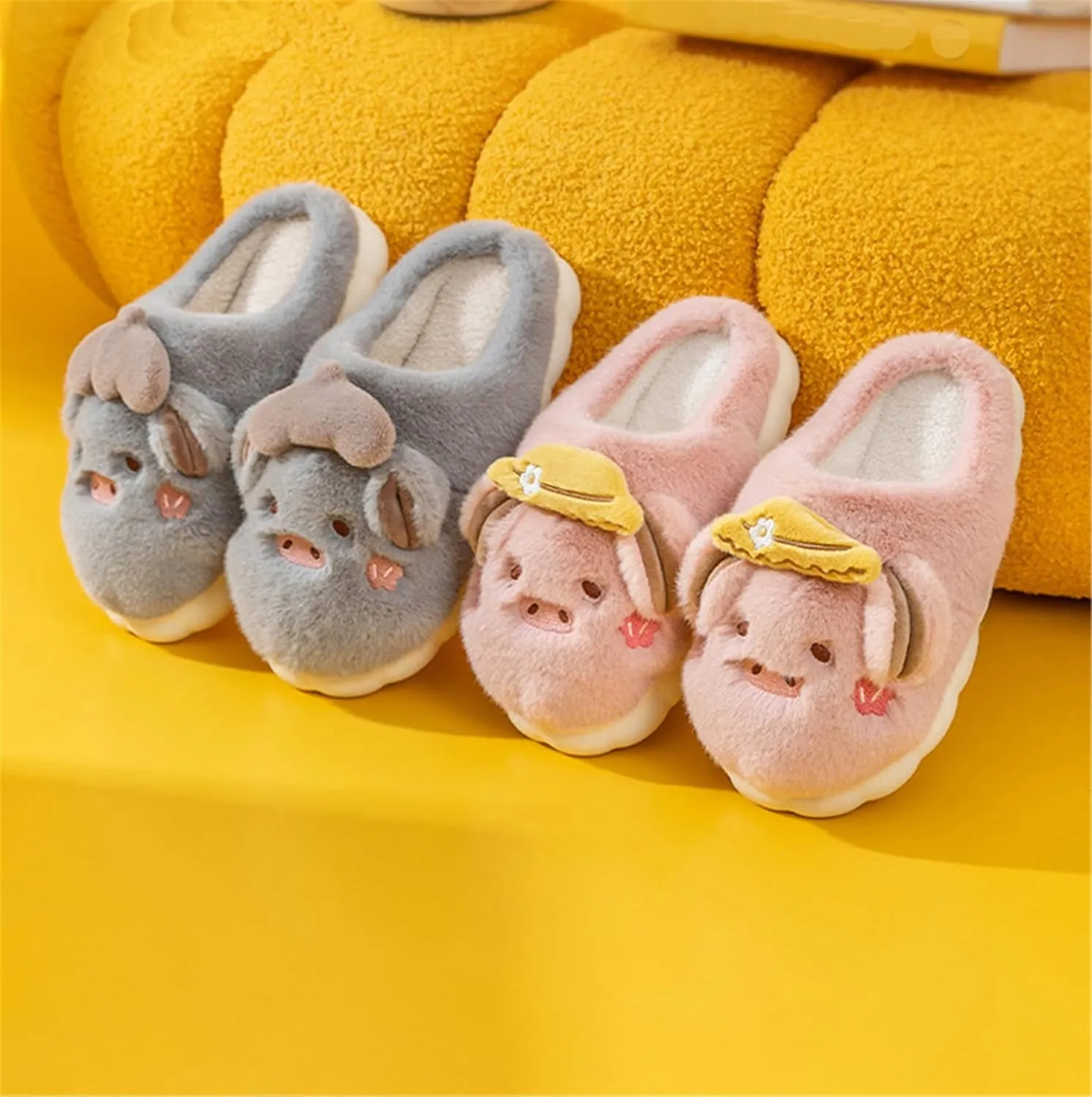 YILANLAN Women's Pink Pig Animal Slippers - Warm, Plush, Winter, Flat Heel, No Closure, Round Toe