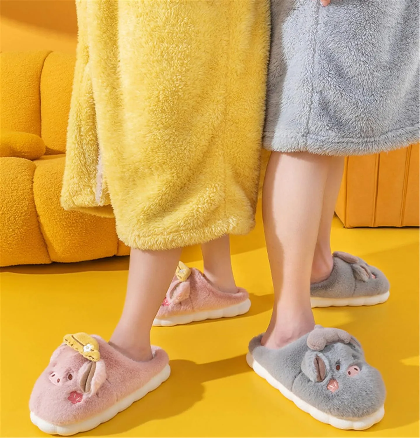 YILANLAN Women's Pink Pig Animal Slippers - Warm, Plush, Winter, Flat Heel, No Closure, Round Toe