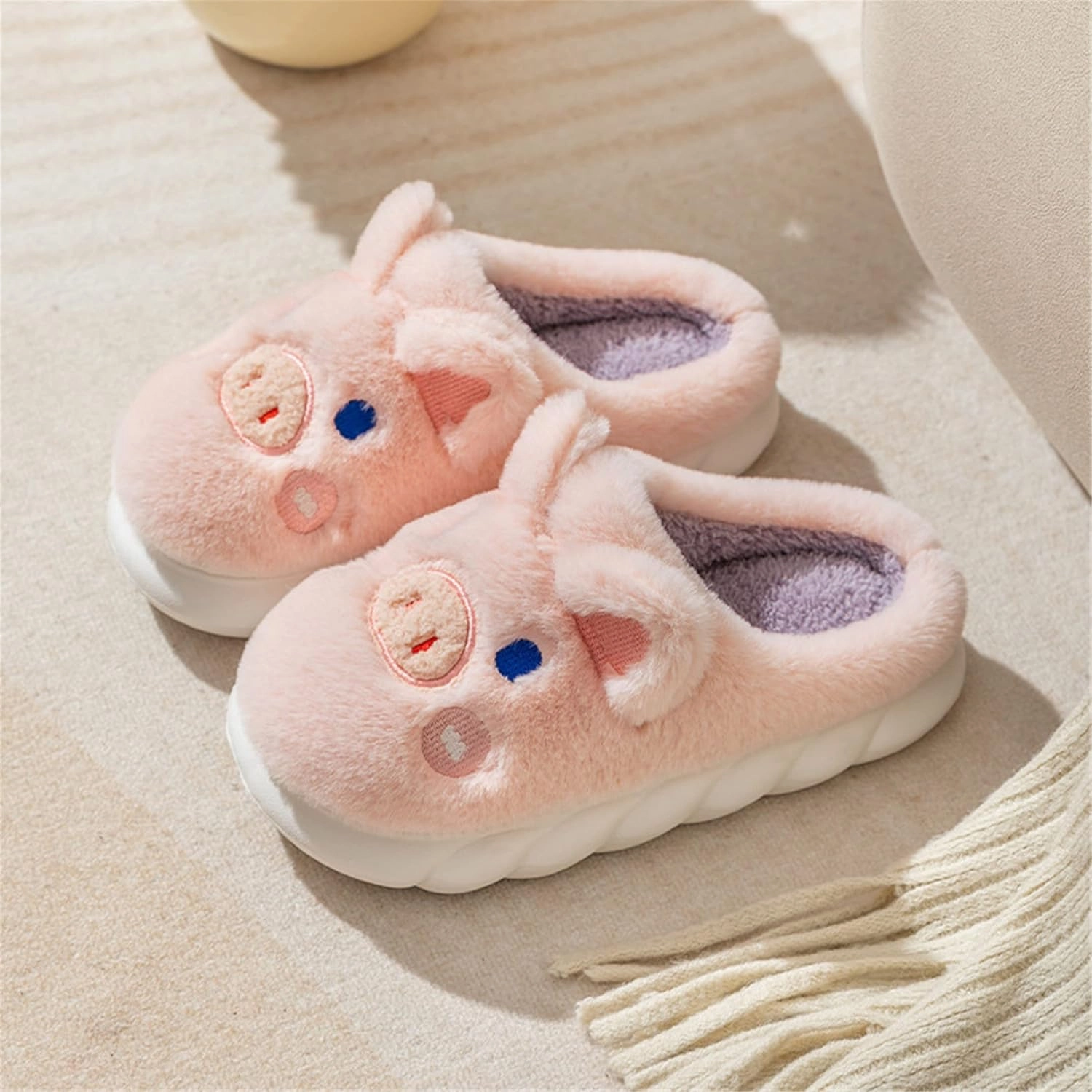 YILANLAN Women's Cute Pig Animal Cow Winter Warm Soft Plush Home Cotton Slippers