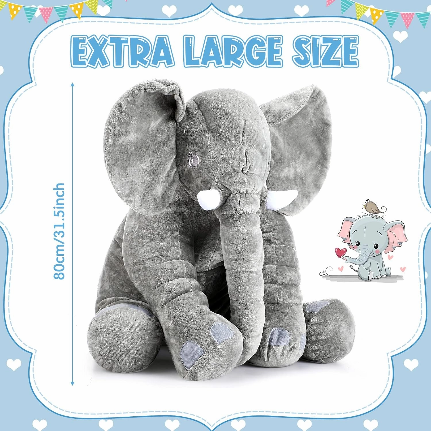 Yulejo Giant Stuffed Elephant Plush Animal Toy Large Soft Stuffed Animal Party Favor Huge Gray Elephant Plush Doll for Kids Girlfriend Home Decor(31.5 Inch)