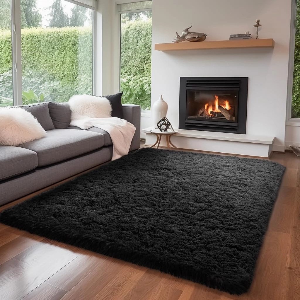 Zentavio Black Area Rugs for Living Room Bedroom 6x9 Large Men Room Carpet Fluffy Furry Shag Aesthetic Plush High Pile Floor Rug for Nursery Kids Room Dorm Home Decor