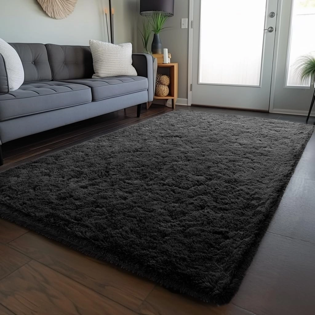Zentavio Black Area Rugs for Living Room Bedroom 6x9 Large Men Room Carpet Fluffy Furry Shag Aesthetic Plush High Pile Floor Rug for Nursery Kids Room Dorm Home Decor