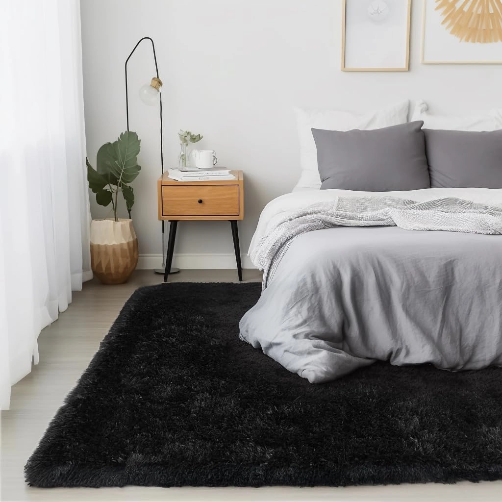 Zentavio Black Area Rugs for Living Room Bedroom 6x9 Large Men Room Carpet Fluffy Furry Shag Aesthetic Plush High Pile Floor Rug for Nursery Kids Room Dorm Home Decor