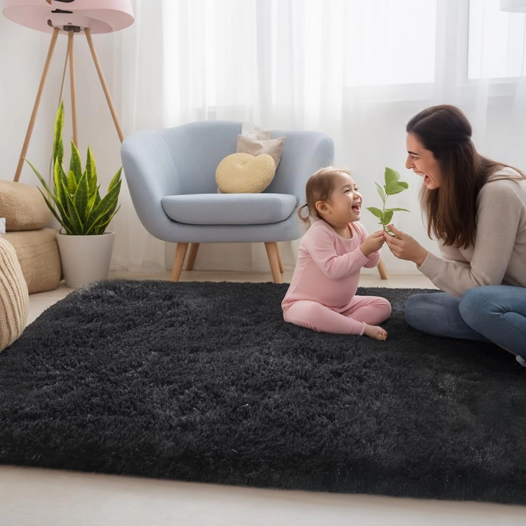Zentavio Black Area Rugs for Living Room Bedroom 6x9 Large Men Room Carpet Fluffy Furry Shag Aesthetic Plush High Pile Floor Rug for Nursery Kids Room Dorm Home Decor