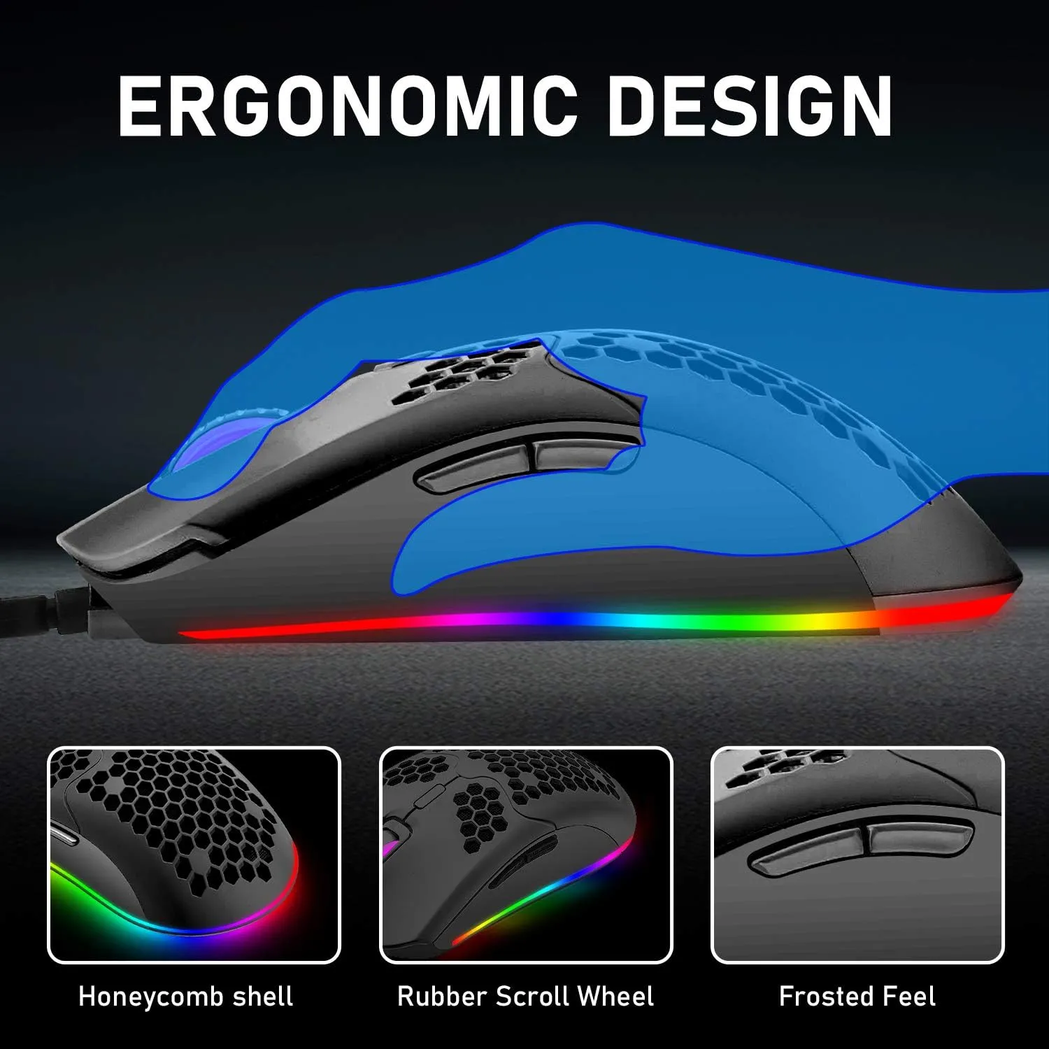 ZIYOU LANG Wired Lightweight Gaming Mouse,6 RGB Backlit Mouse with 7 Buttons Programmable Driver,6400DPI Computer Mouse,Ultralight Honeycomb Shell Ultraweave Cable Mouse for PC Gamers,Xbox,PS4(Black)
