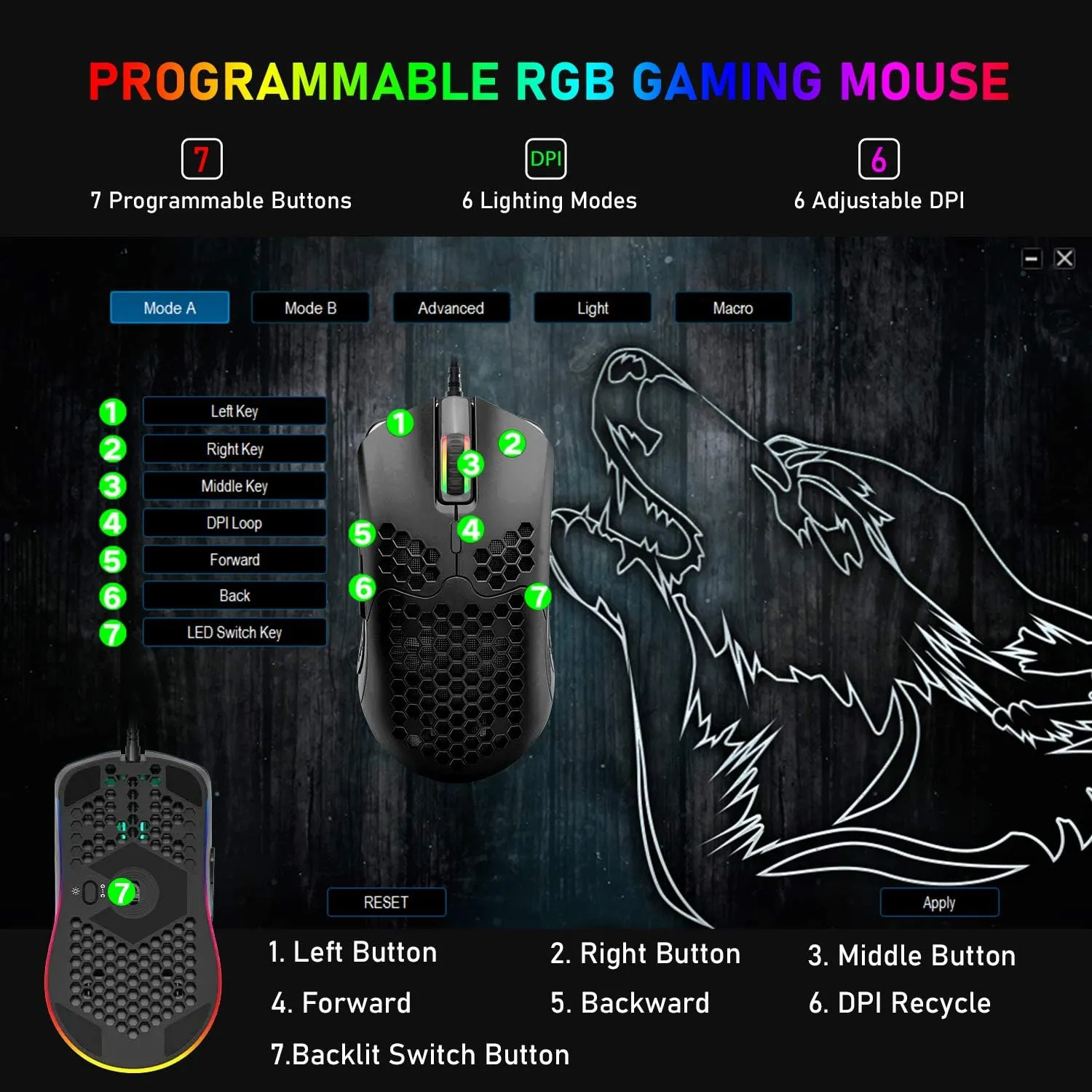 ZIYOU LANG Wired Lightweight Gaming Mouse,6 RGB Backlit Mouse with 7 Buttons Programmable Driver,6400DPI Computer Mouse,Ultralight Honeycomb Shell Ultraweave Cable Mouse for PC Gamers,Xbox,PS4(Black)