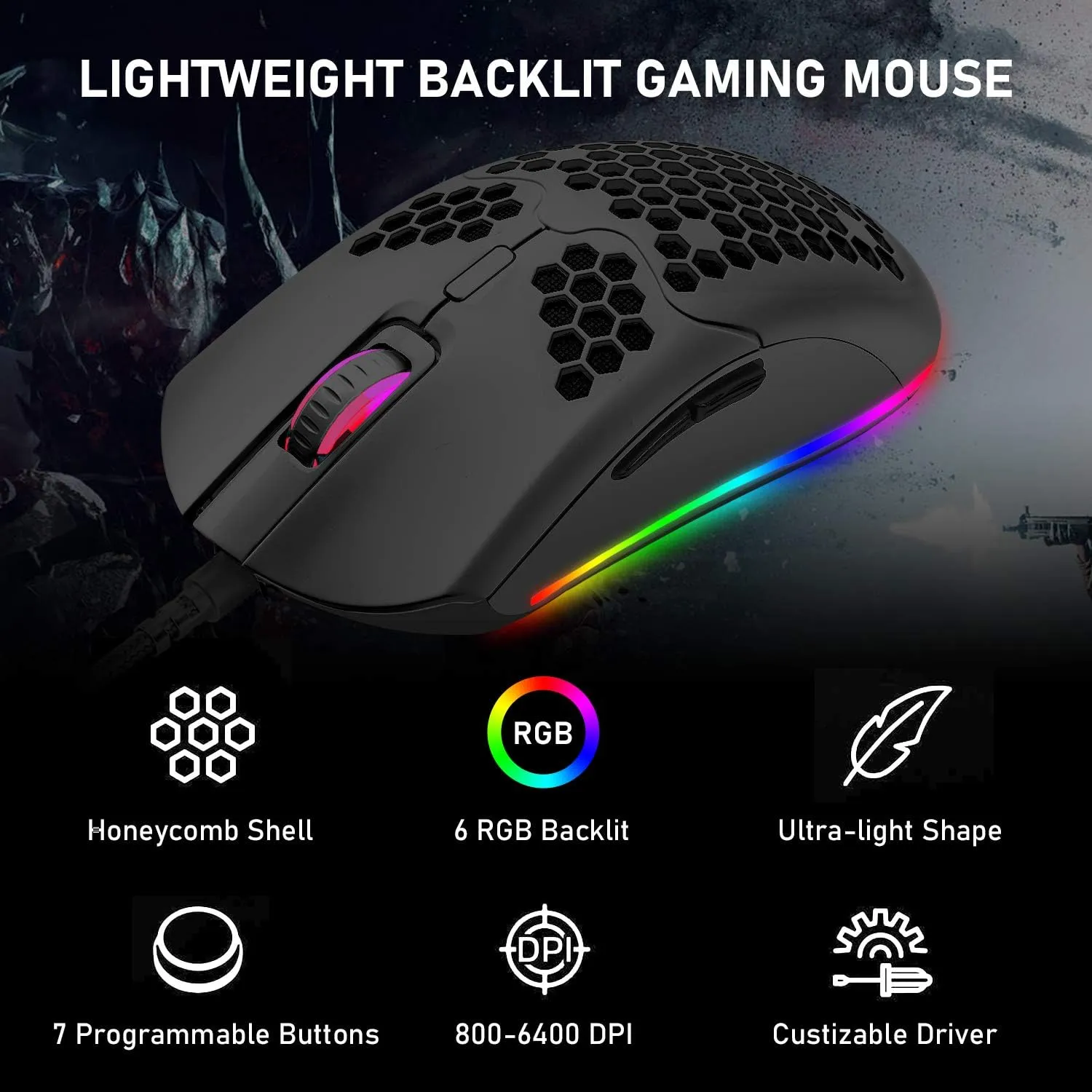 ZIYOU LANG Wired Lightweight Gaming Mouse,6 RGB Backlit Mouse with 7 Buttons Programmable Driver,6400DPI Computer Mouse,Ultralight Honeycomb Shell Ultraweave Cable Mouse for PC Gamers,Xbox,PS4(Black)