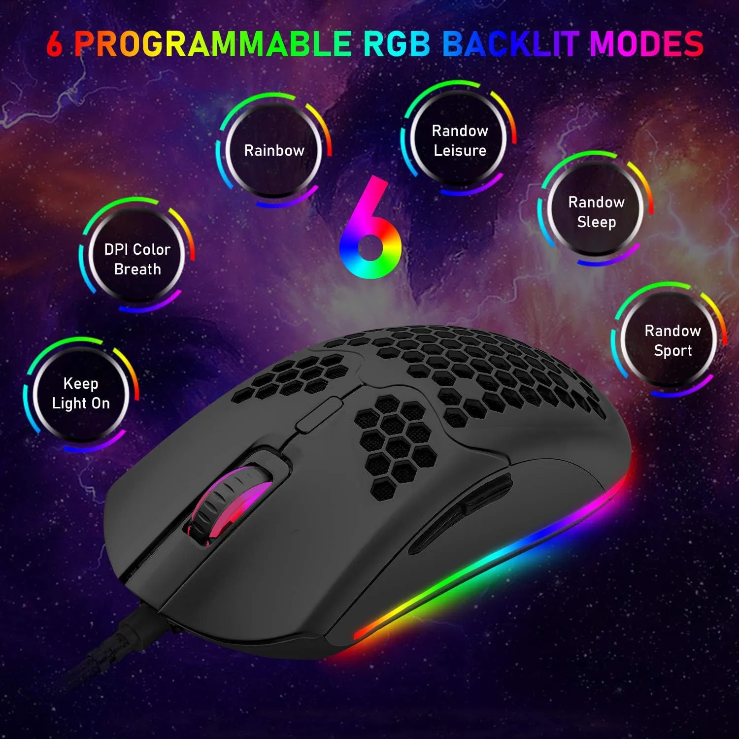 ZIYOU LANG Wired Lightweight Gaming Mouse,6 RGB Backlit Mouse with 7 Buttons Programmable Driver,6400DPI Computer Mouse,Ultralight Honeycomb Shell Ultraweave Cable Mouse for PC Gamers,Xbox,PS4(Black)